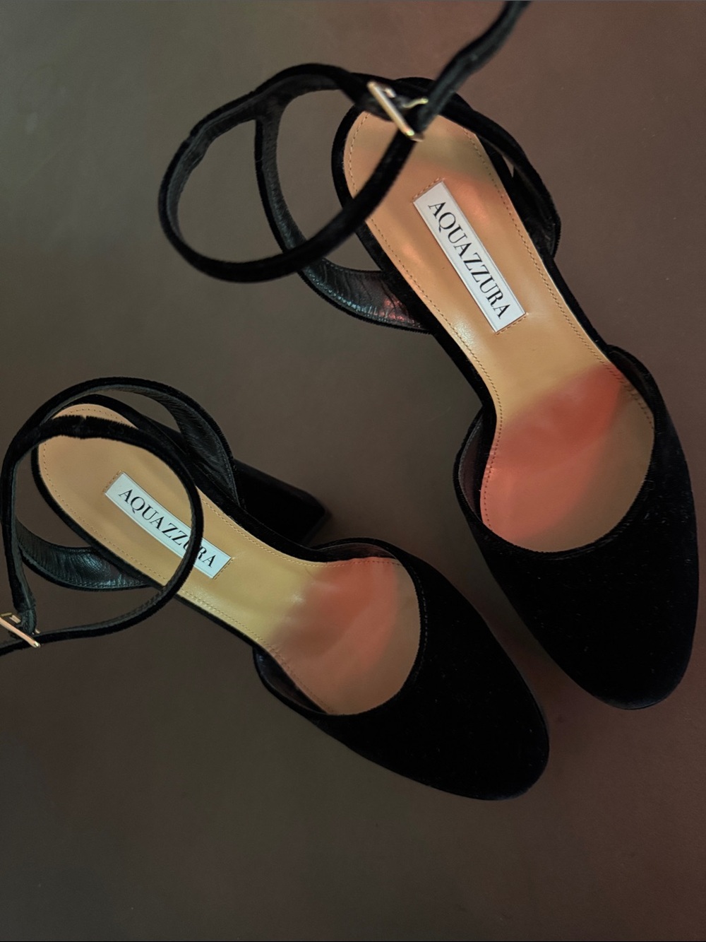 Aquazzura Black Velvet Ankle-Strap Pumps with Gold Buckle